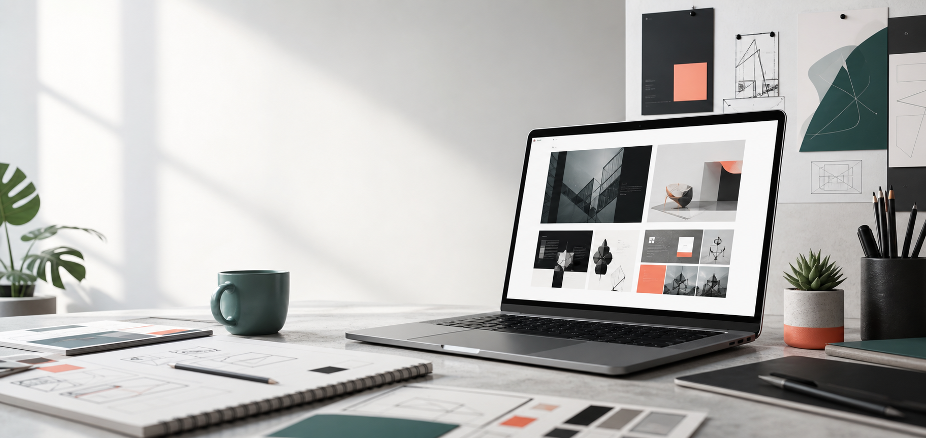 Modern creative desk with portfolio website screens